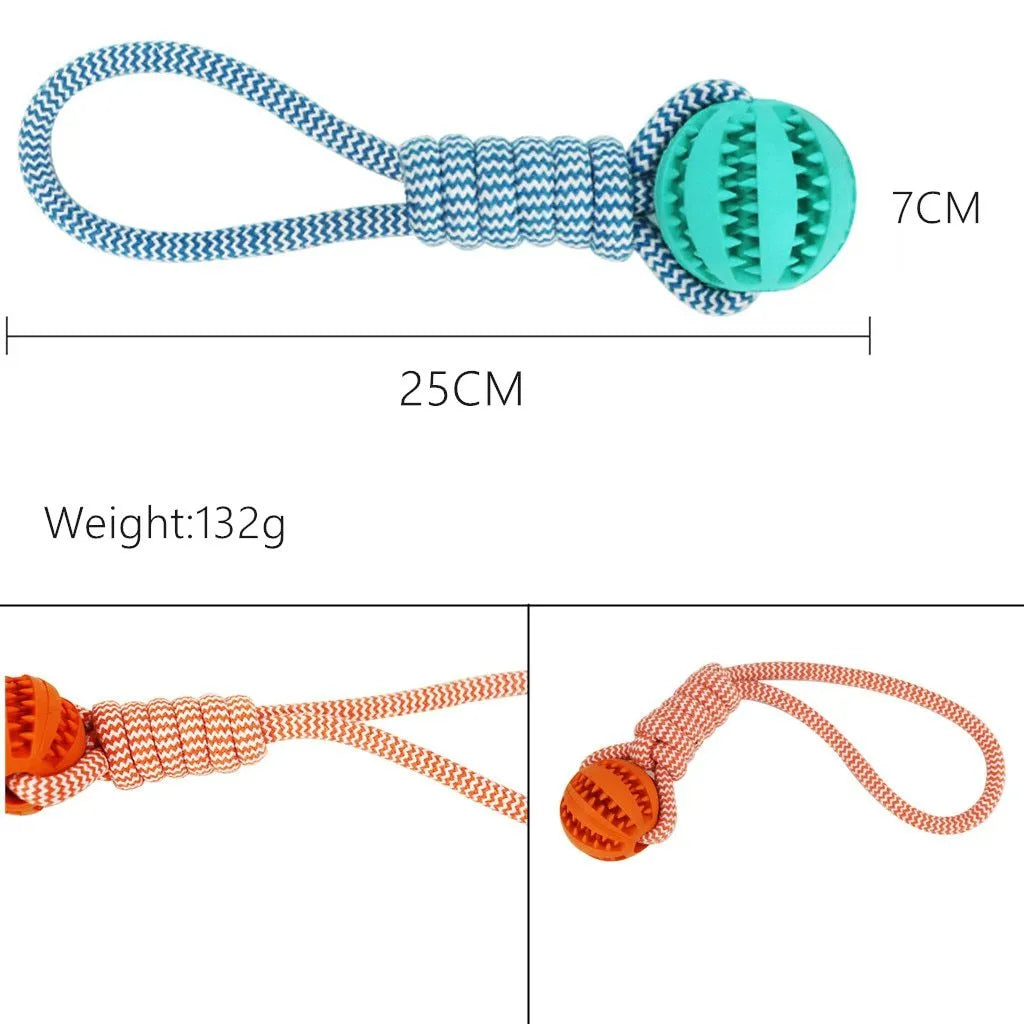Interactive dog toy ball with cotton rope and rubber ball in twist shape, 25 cm, blue colour