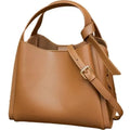 Brown cowhide leather women's bucket crossbody bag with visible stitching and a crossbody strap.