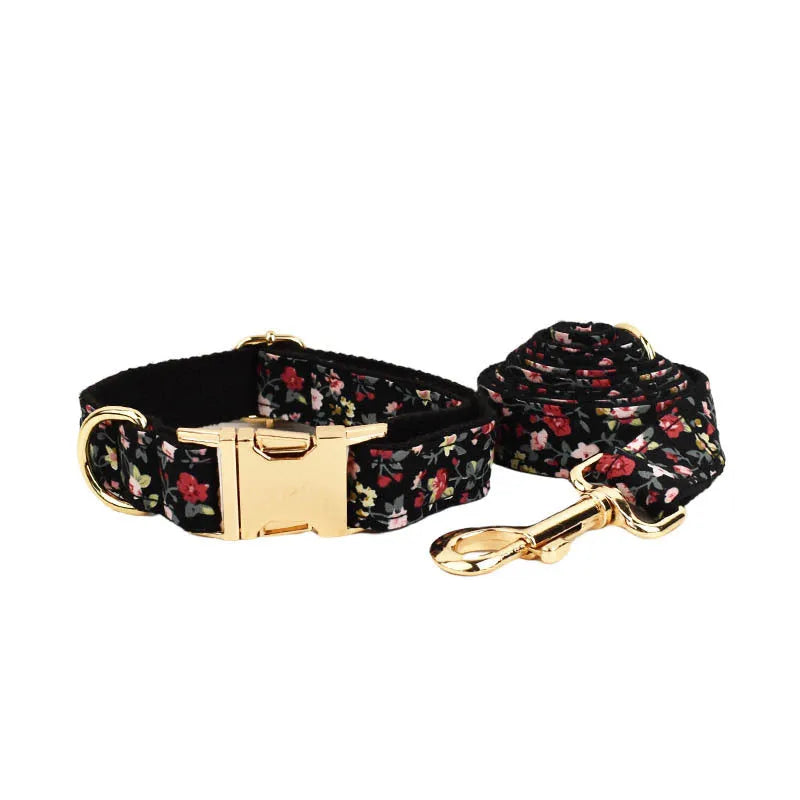 Printed pet collar and leash set with matching dog vest and removable bow accessory