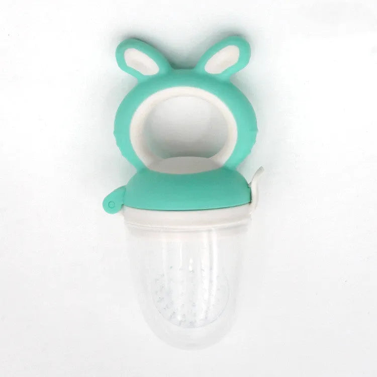 Baby Bite food grade silicone and PP teether set in blue, green, and pink with cartoon design, available in three sizes
