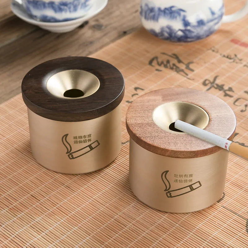 Solid copper retro ashtray with a wooden lid in black or rosewood finish.