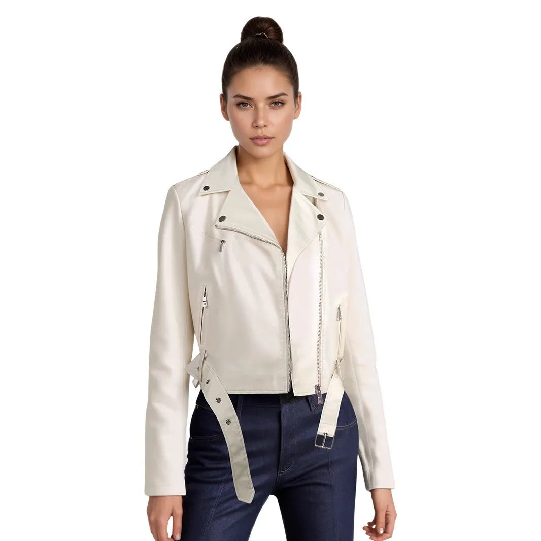 Women's black PU leather biker jacket with lapel collar and an adjustable waist belt on a hanger.