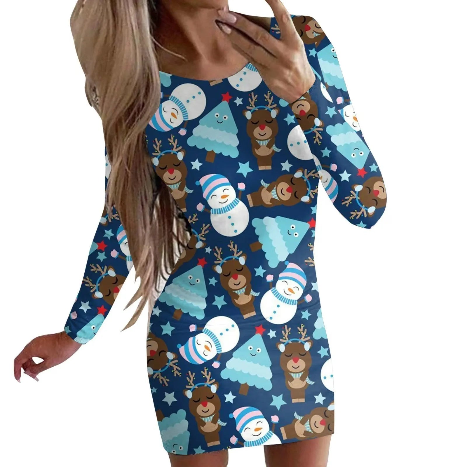 Women's tight-fitting Christmas dress with floral print, round neck, long sleeves, and short hip skirt.