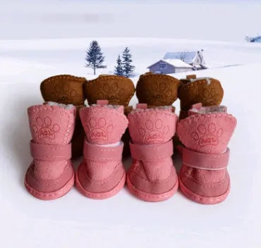 Four khaki velvet dog boots for winter snow walking, size options from small to extra large