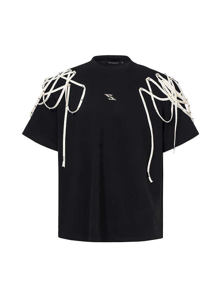 Black loose fit T-shirt with padded shoulders featuring rivet ribbon detailing, short sleeves and round neck collar