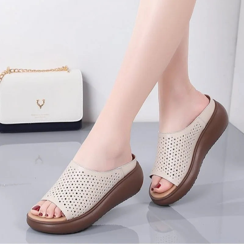 Women's peep toe rocking bottom platform heel slippers in beige with ethnic pattern, PU upper and rubber sole