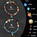Two adjustable natural stone beaded bracelets with zodiac signs on a table, showing sliding knot for 20-24cm fit.