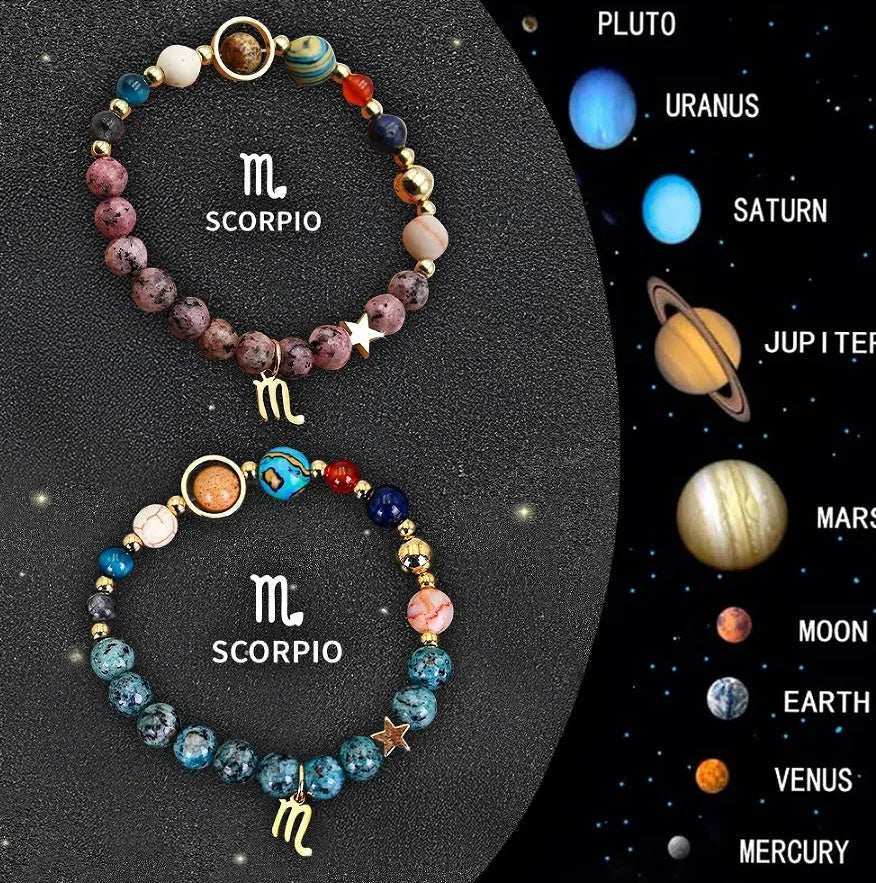 Two adjustable natural stone beaded bracelets with zodiac signs on a table, showing sliding knot for 20-24cm fit.