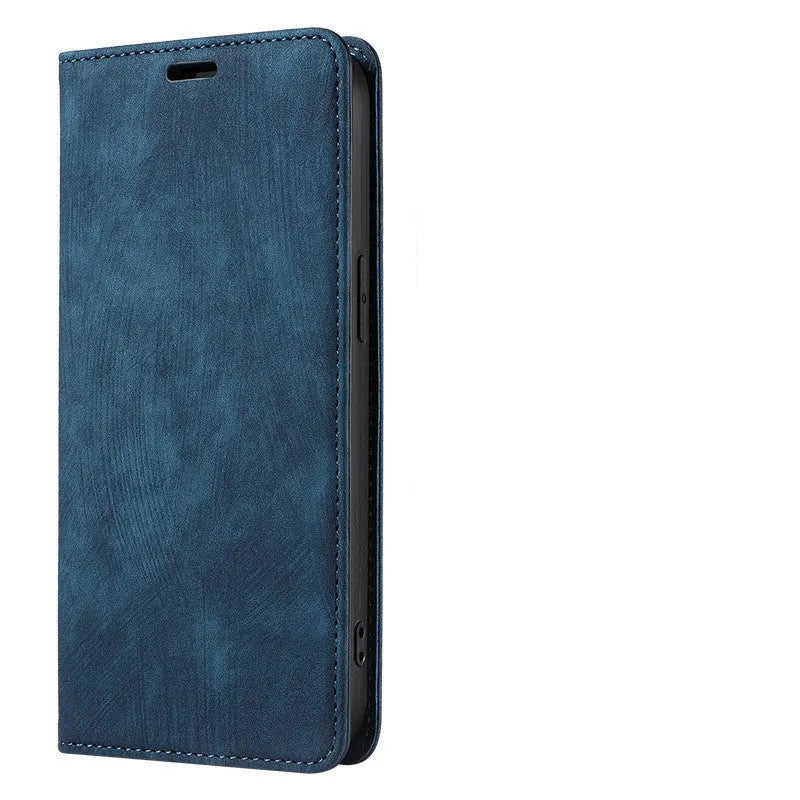 Magnetic flip leather phone case for iPhone shown closed and open, revealing card slot and screen.
