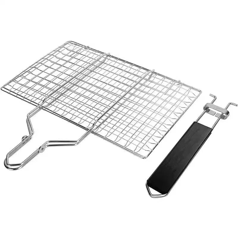 Stainless steel square folding barbecue mesh basket with a cleaning brush.