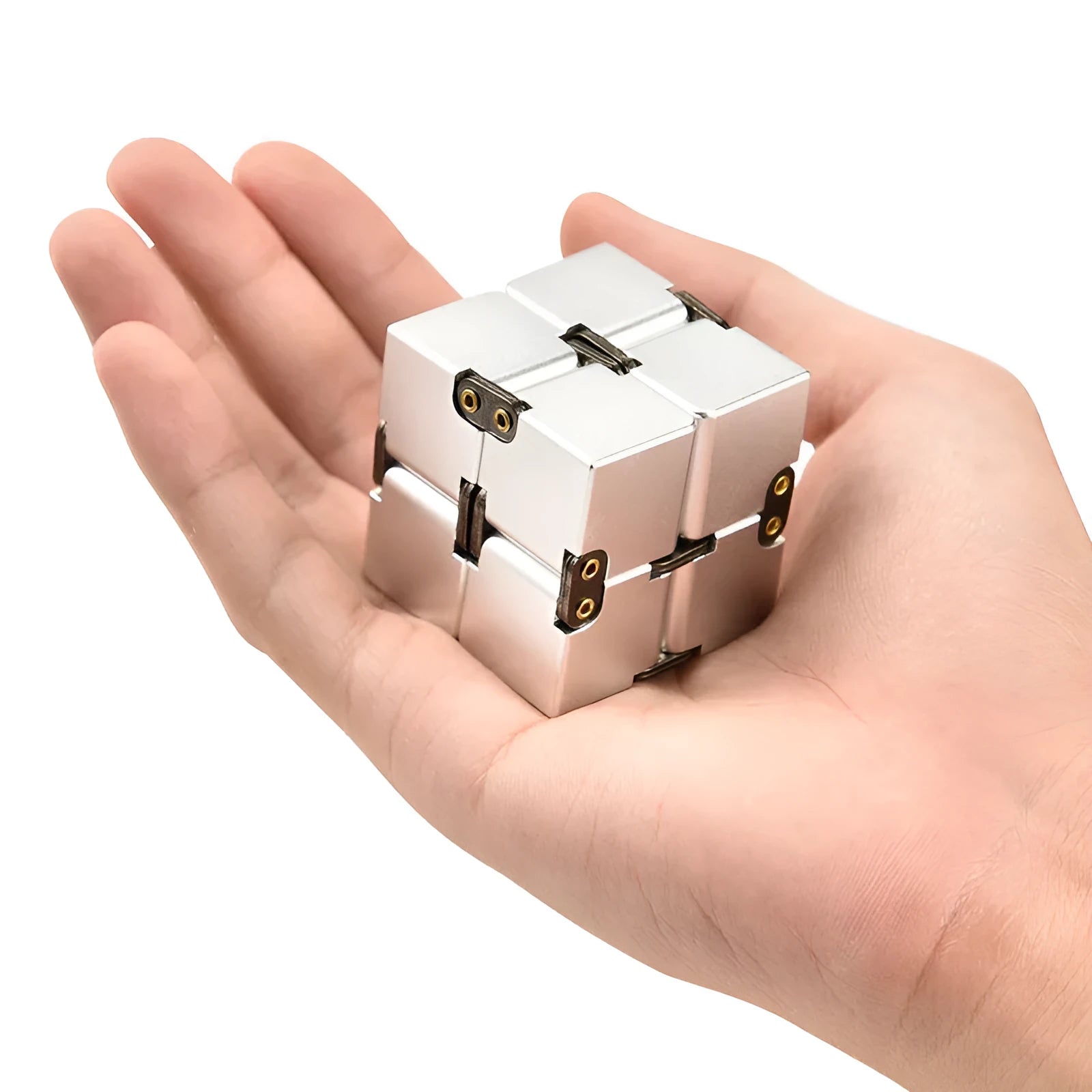Black zinc alloy infinity cube fidget toy showing rotated cubes, on a white background.