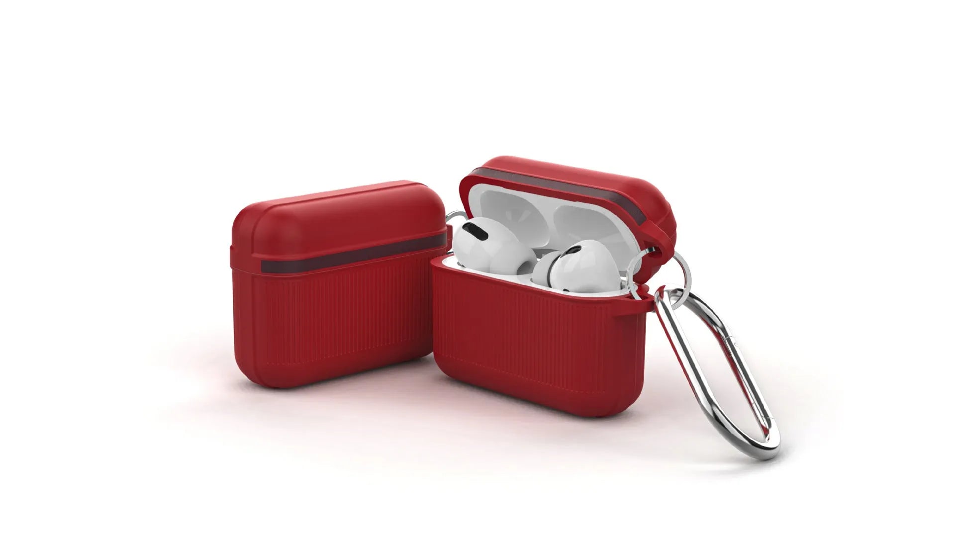 Silicone protective case for Apple AirPods in a clamshell design with a metal buckle attached.