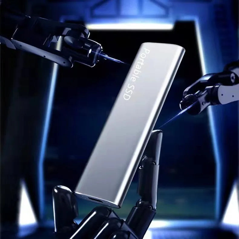 Ultra-thin metal external portable solid-state drive (SSD) for laptop and desktop storage expansion.