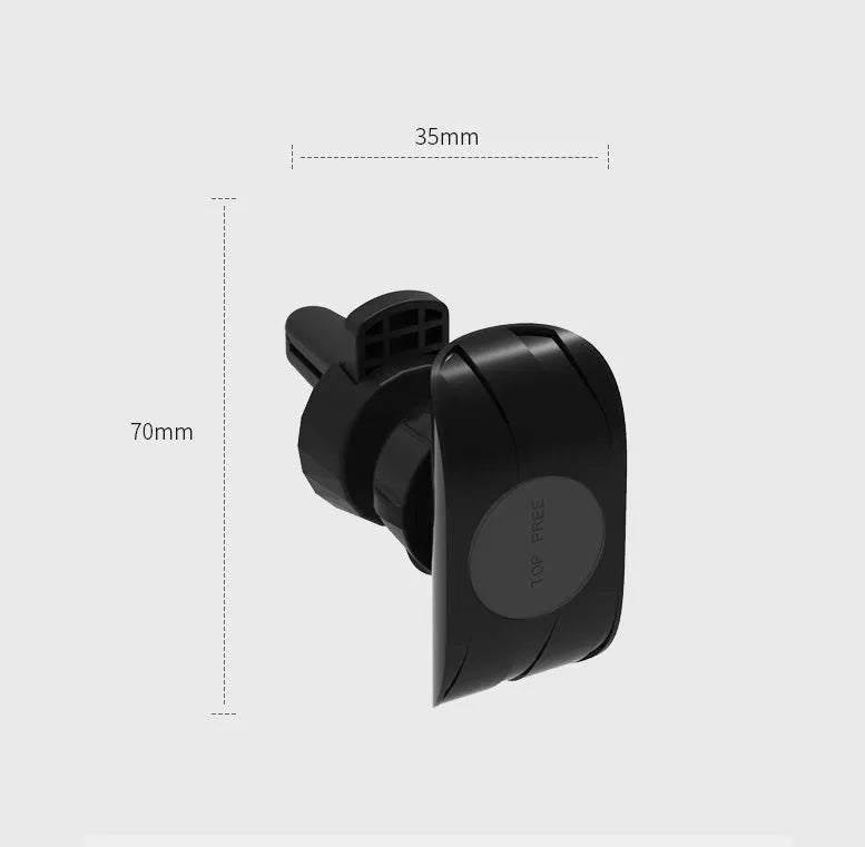Matte black car phone holder mounted on air outlet with adjustable clamp and 360-degree rotation