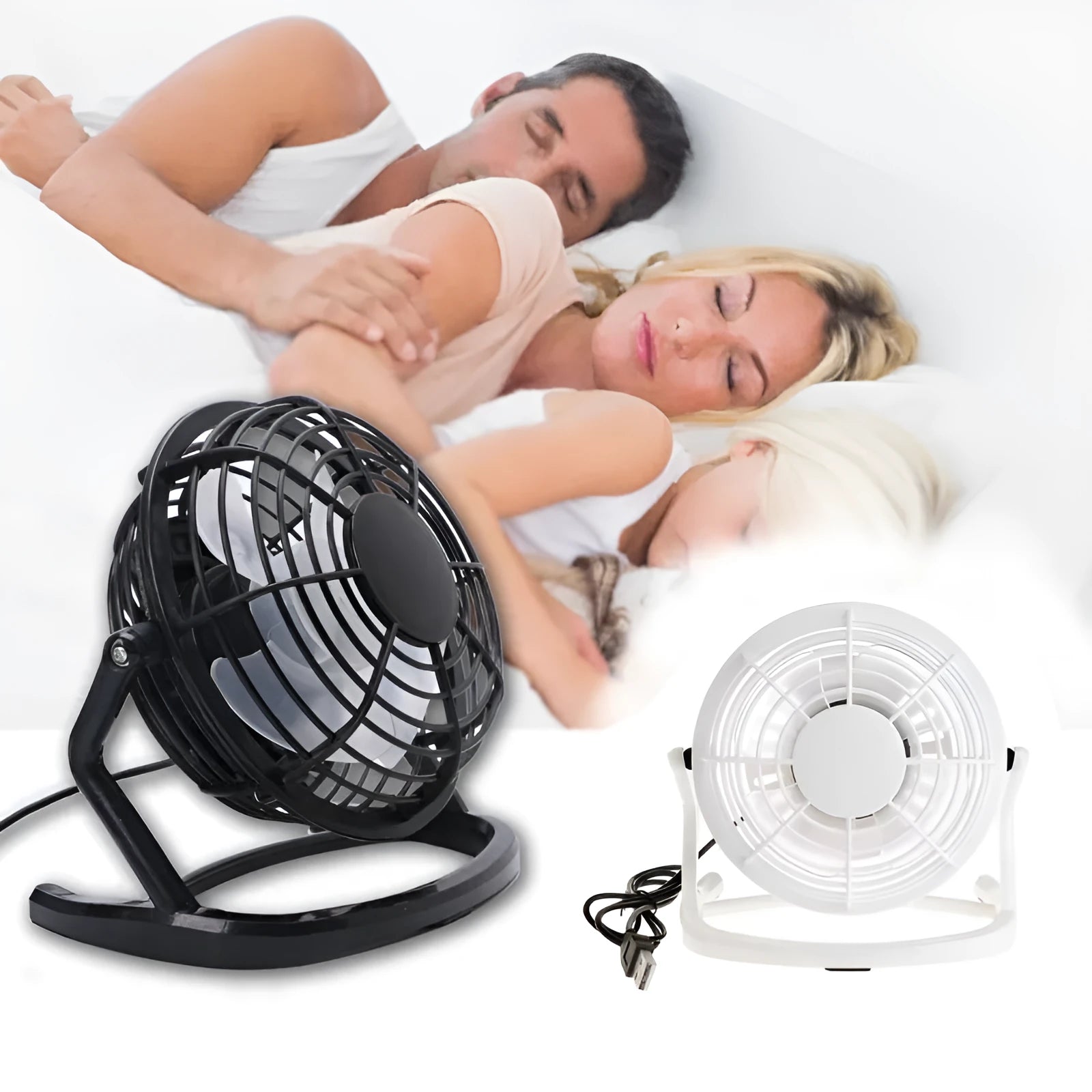 Mini adjustable tilt USB desk fan in black, shown on a desk next to a laptop