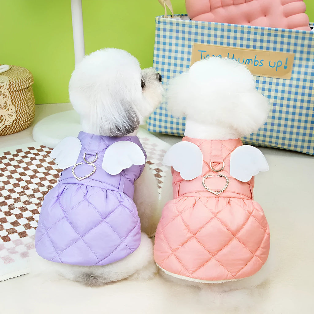 Small dog wearing pink or purple thickened cotton-style skirt - pet clothing in sizes XS to XL
