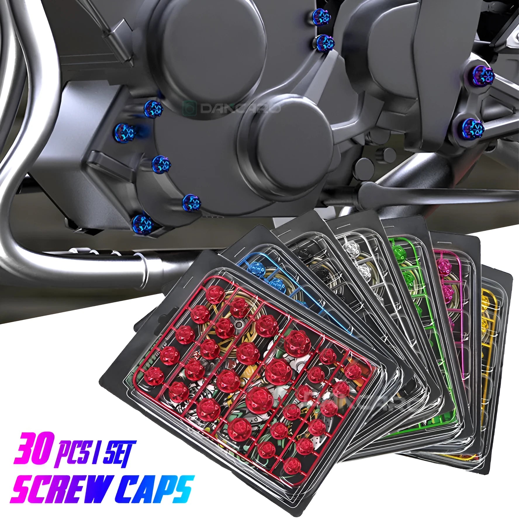 Set of 30 coloured ABS plastic motorcycle screw covers for engine and fairing customisation.
