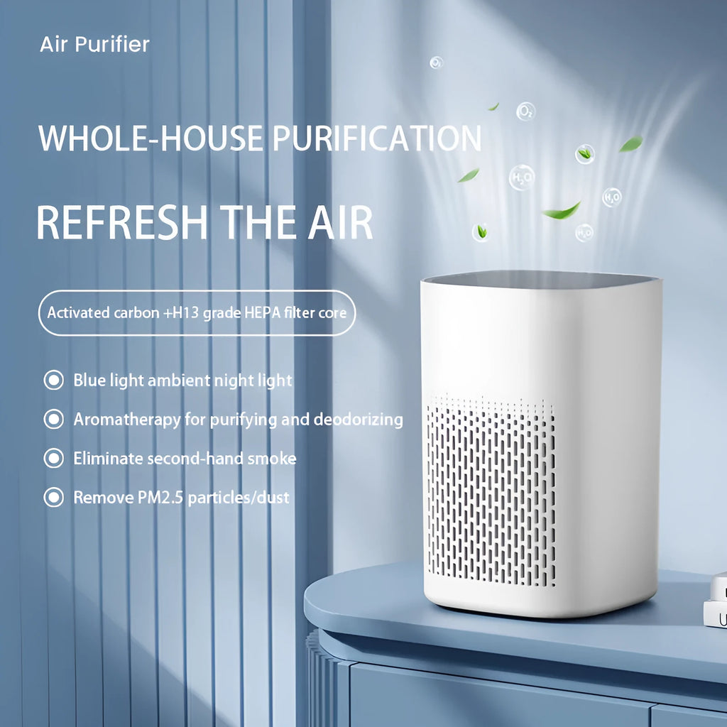 Compact desktop USB air purifier deodoriser with simple modern design on a desk.