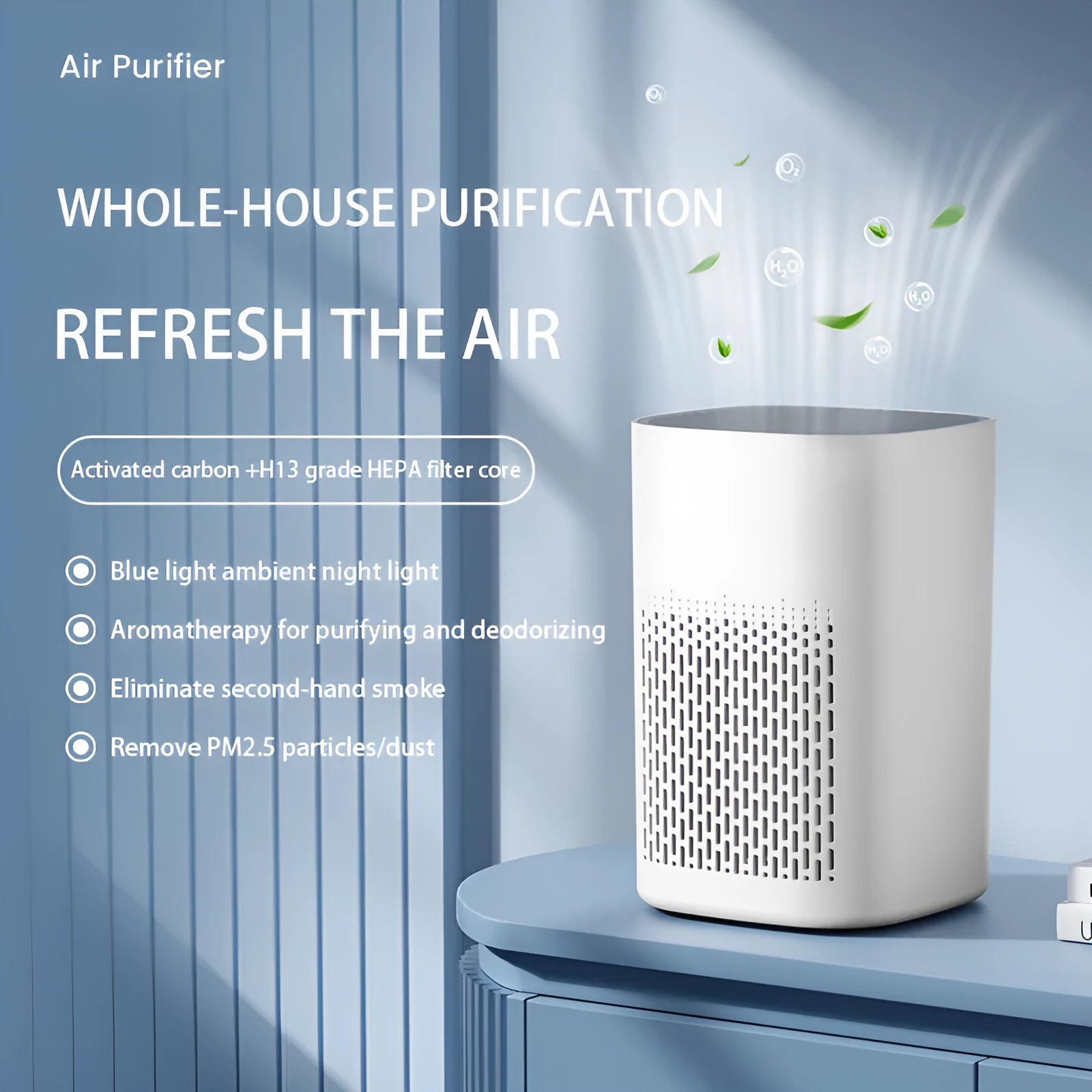 Compact desktop USB air purifier deodoriser with simple modern design on a desk.