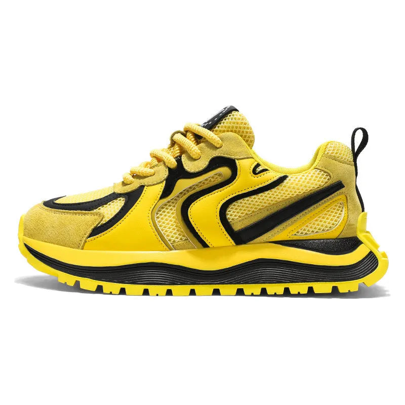 Men's casual sneakers in black, white, or yellow with mesh upper and rubber sole