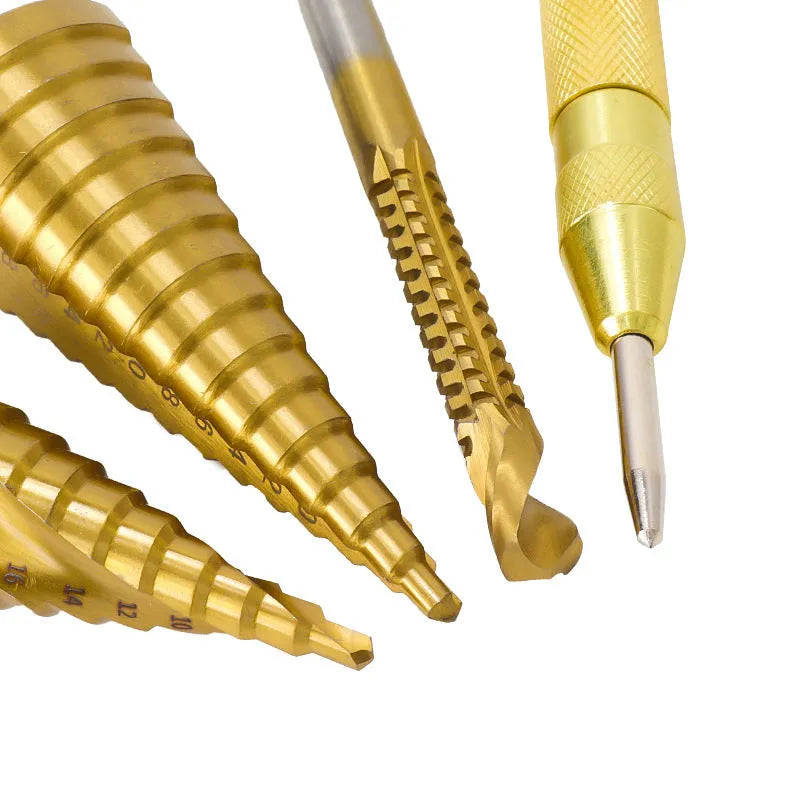 High speed steel cone step drill bit and centre punch set in six colour options for metalworking