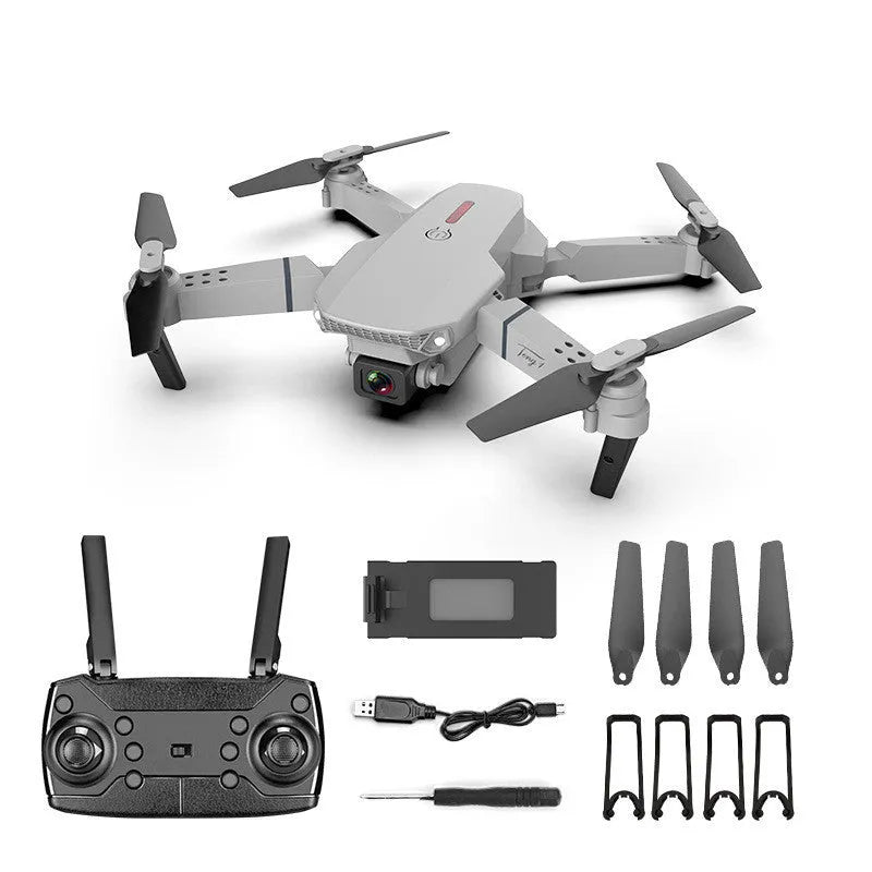 Grey foldable 4K dual camera aerial drone with remote control and carrying case