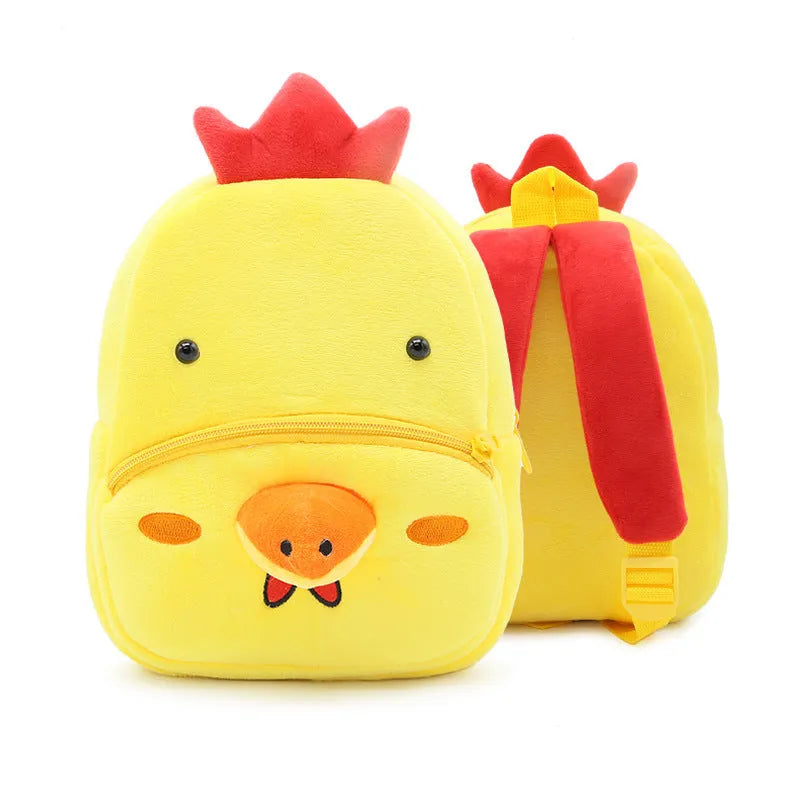 Children's plush animal backpack measuring 26x24x10cm with zipper opening and interior pocket