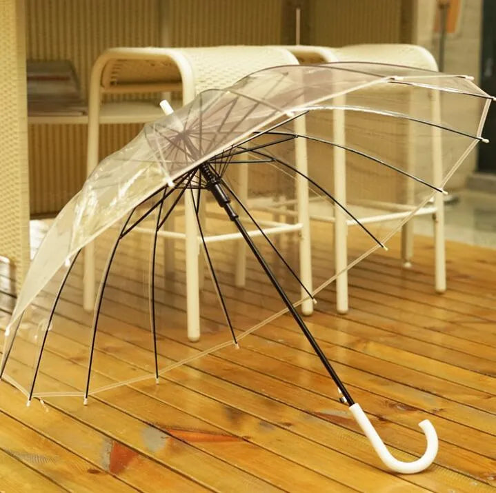 Transparent 16-rib umbrella with long black handle fully opened showing steel frame structure