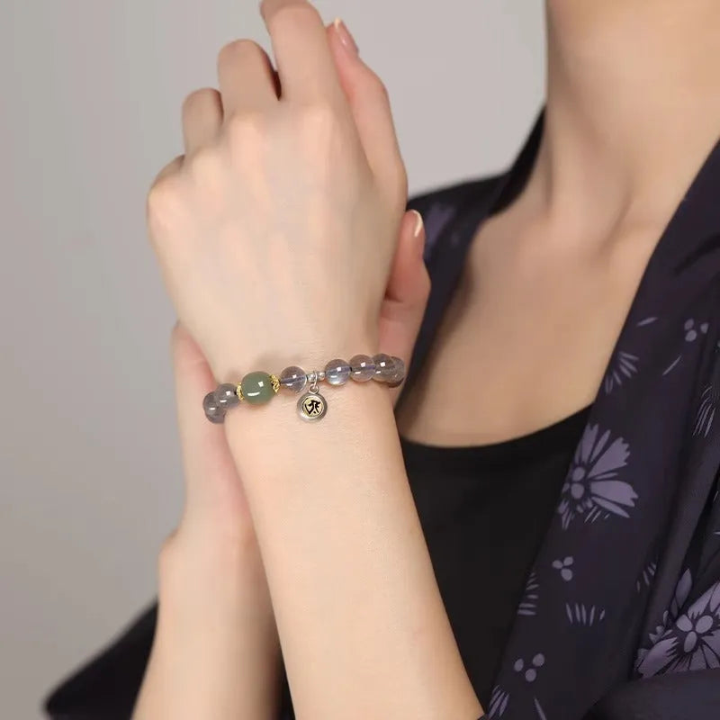 Moonstone crystal women's bracelet with 8mm Thousand-Hand Kwan-yin mouse zodiac charm