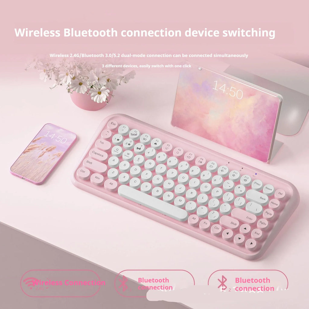 Pink Bluetooth keyboard with 84 quiet mechanical keys in compact wireless design