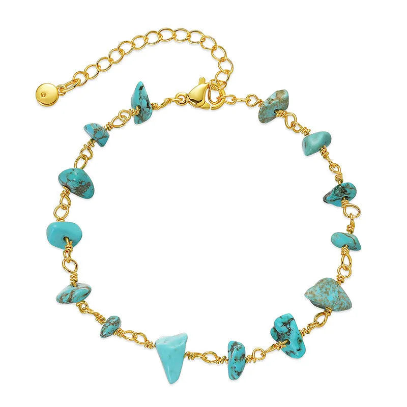 Women's geometric bracelet with irregular gravel turquoise stones and crystal accents on 18K gold-plated copper