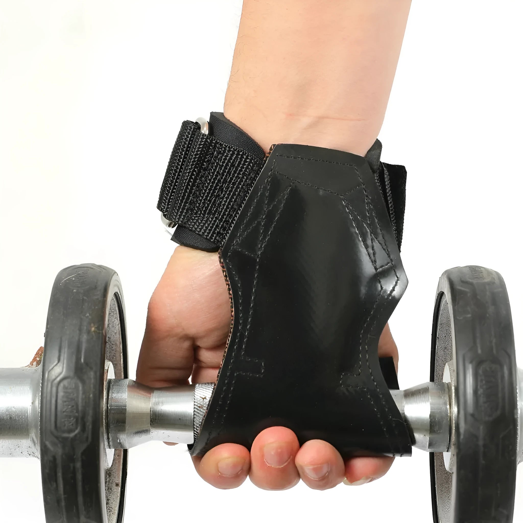 Black rubber weightlifting palm grips and assist belt set for barbell pulls.