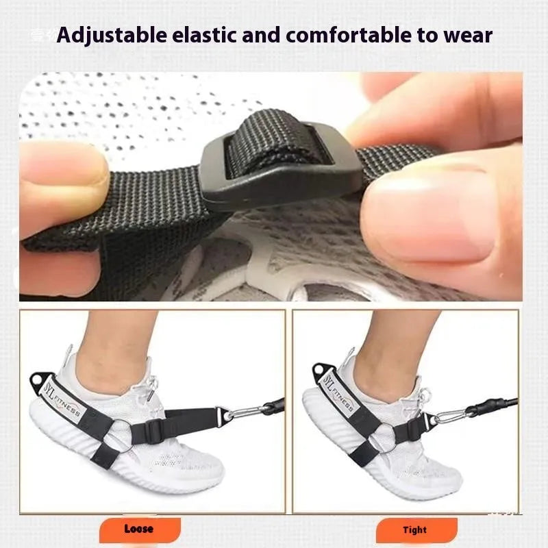 Black ankle buckle leg strength strap tension booties with gantry frame and suspender buckles for climbing.
