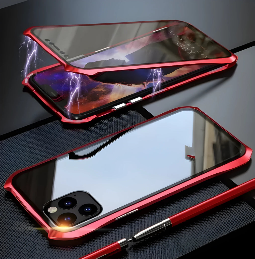 Metal back protective cover for iPhone 11 mobile phones in black, blue, red, and silver colours