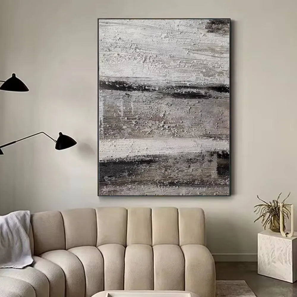 Handmade abstract oil painting on canvas, grey colours with texture, frameless and rolled, suitable for living room wall decor.