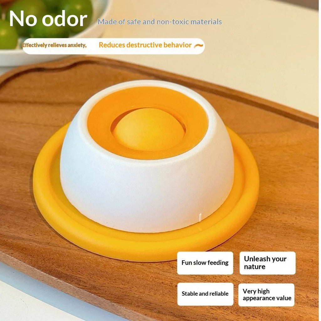 Anti-spill slow feeder cat toy in yellow, chew-resistant treat dispenser for boredom buster play