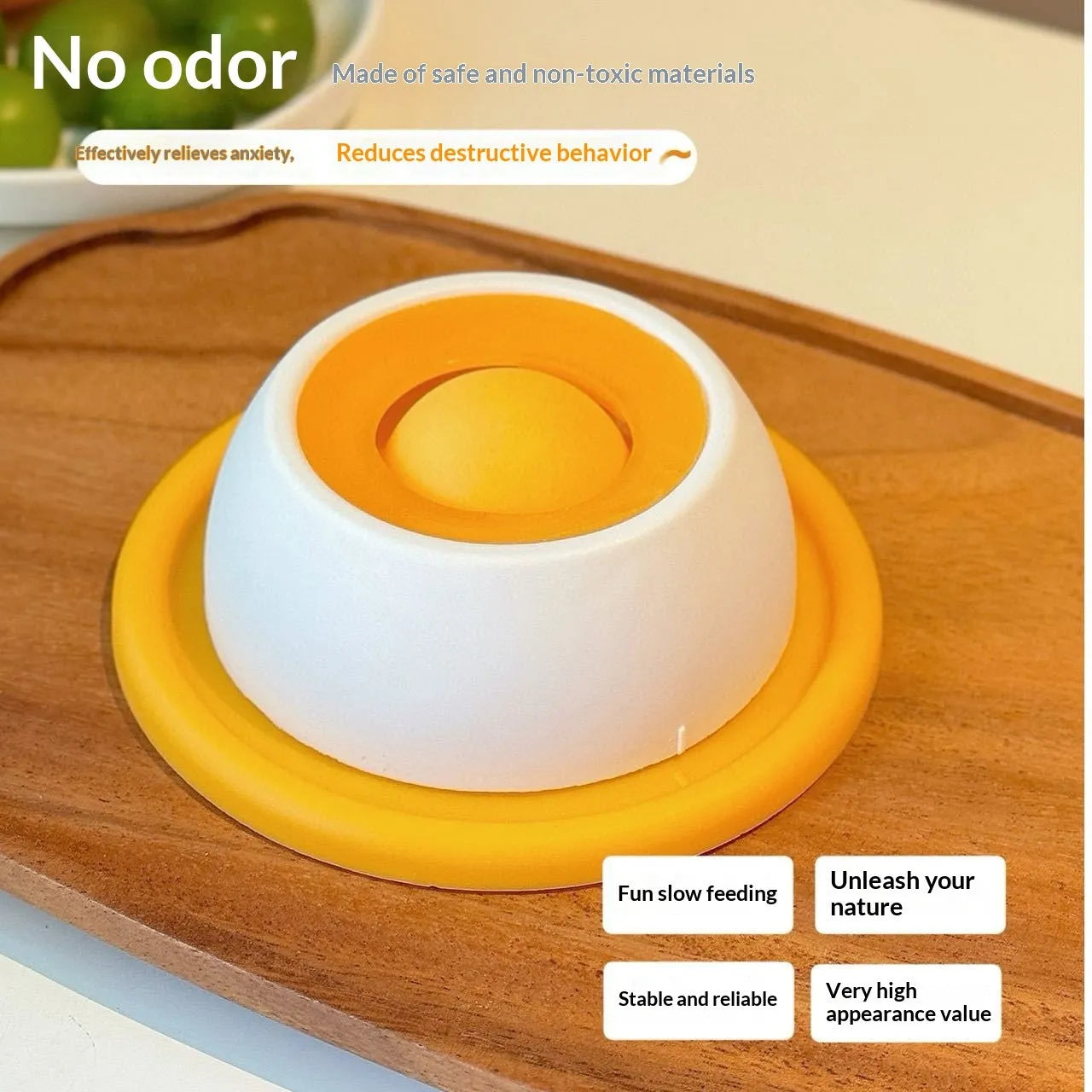 Anti-spill slow feeder cat toy in yellow, chew-resistant treat dispenser for boredom buster play