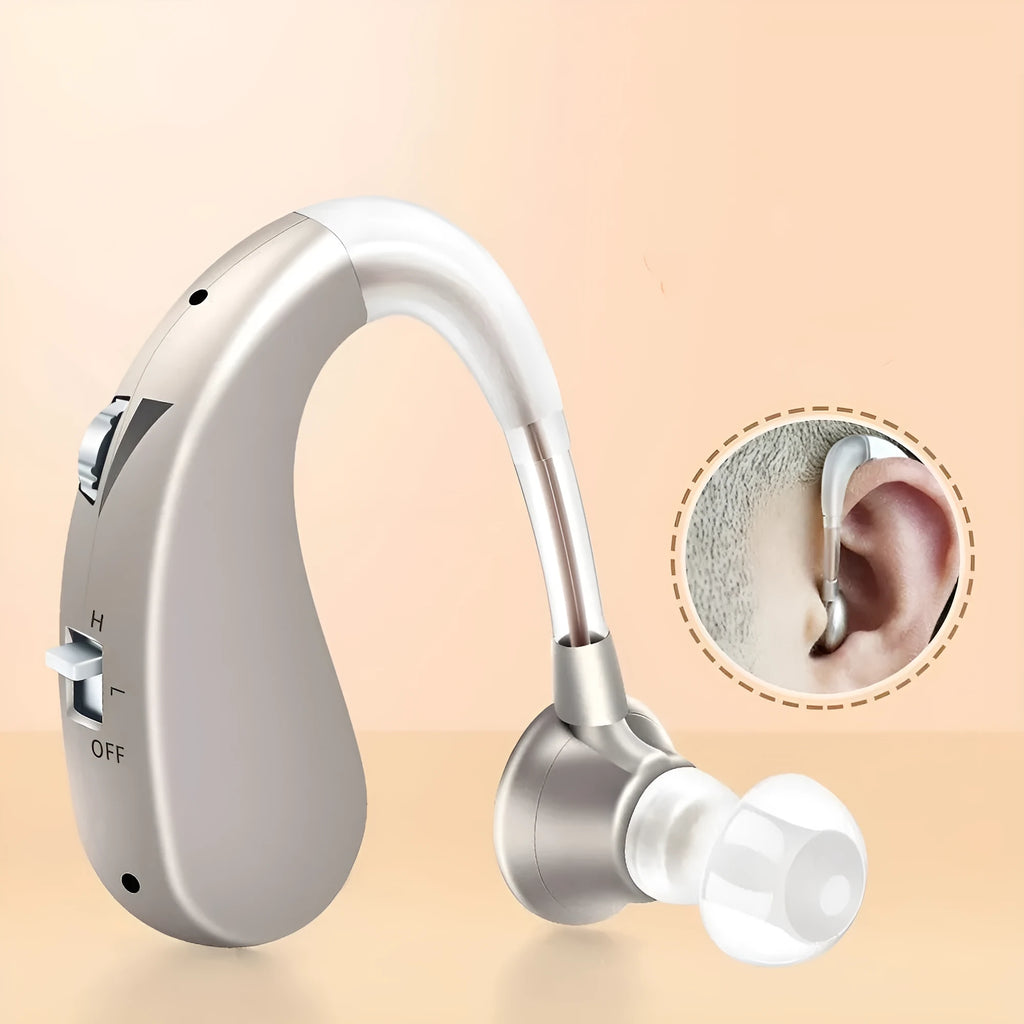 USB rechargeable hearing aid for elderly in blue and silver with double pack