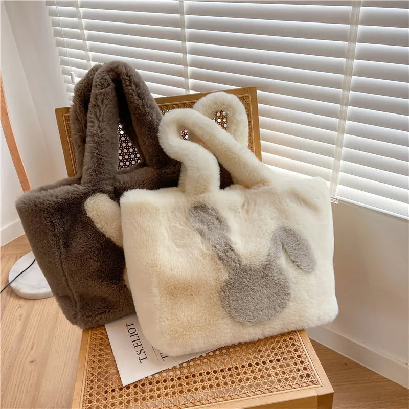 Plush shoulder bag with rabbit ears in solid colour with large shopping capacity