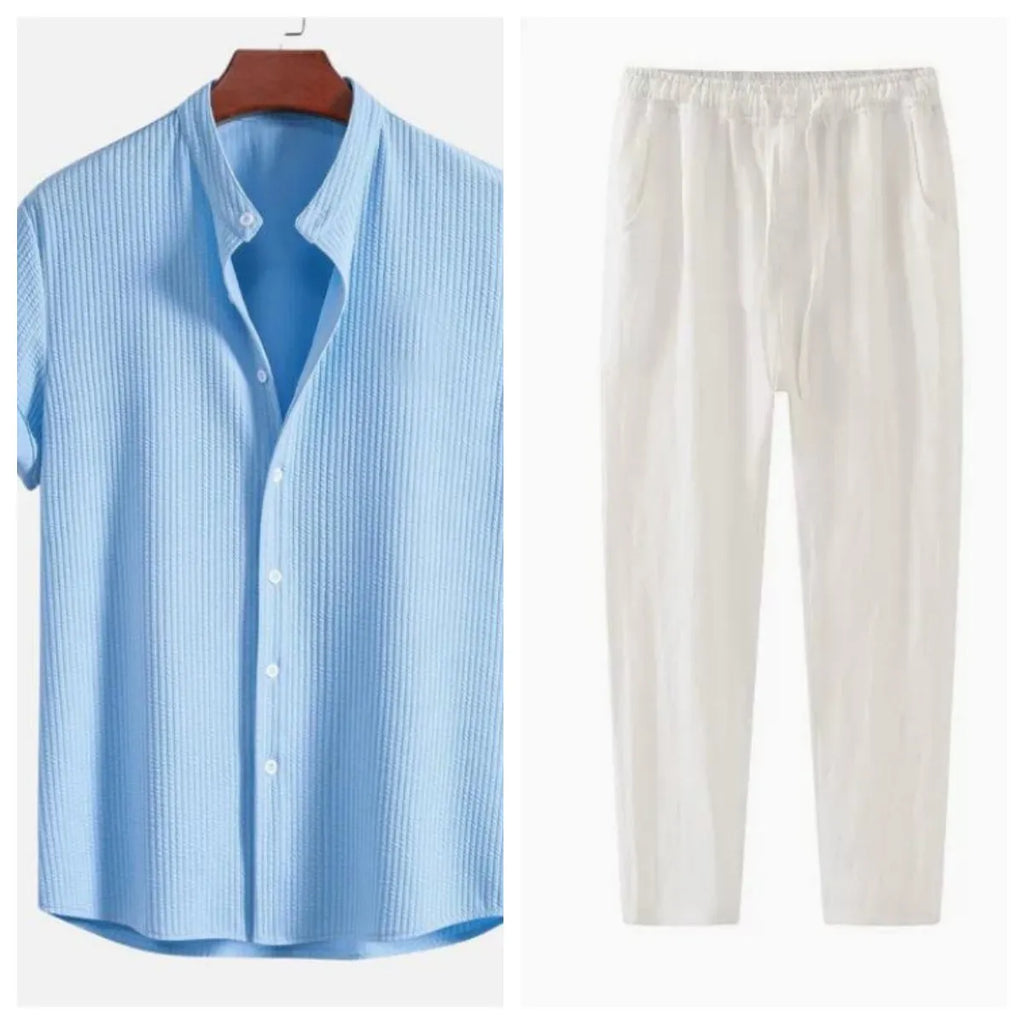 Men's loose-fitting short sleeve casual shirt in polyester, shown in a selection of available colours.
