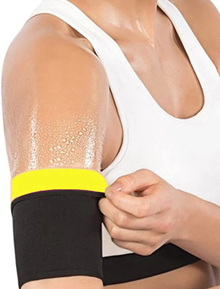 Compression sports arm sleeve in black and red colour, worn on forearm during workout.