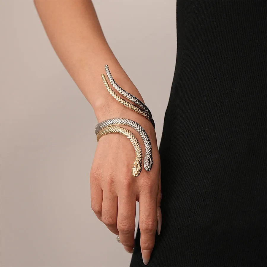 Gold and silver exaggerated twisted snake design metal ring and bracelet jewellery set
