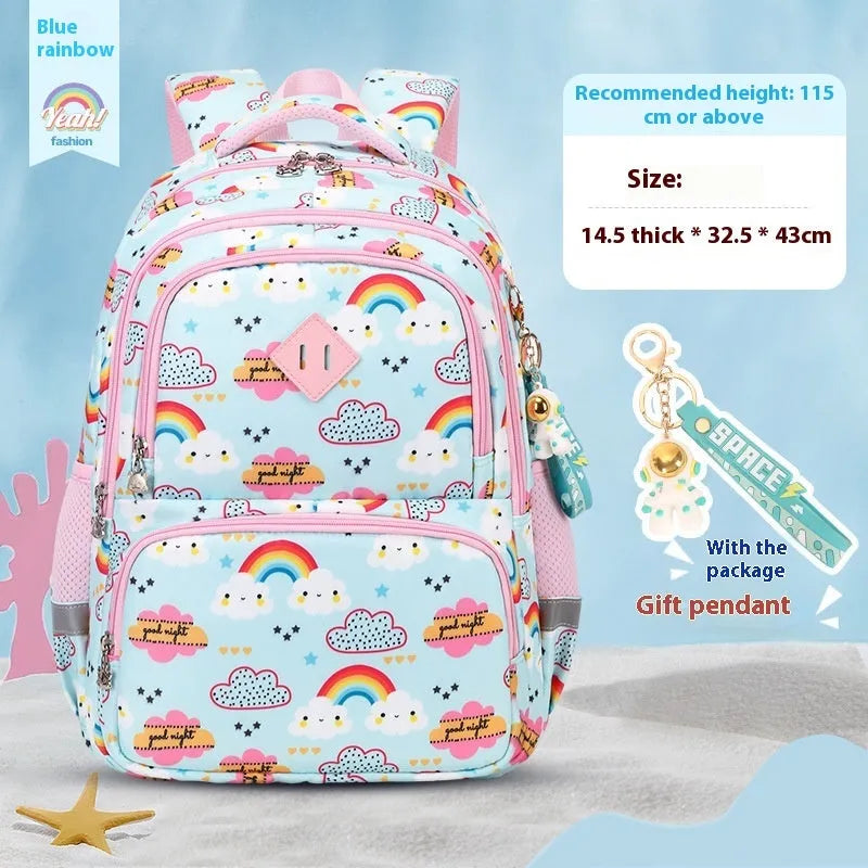 Children's waterproof school backpack with dinosaur pattern and curved shoulder straps
