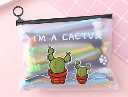 Marvel cartoon cactus-themed plastic pen case open to show 20 black 0.5mm ballpoint pens inside.