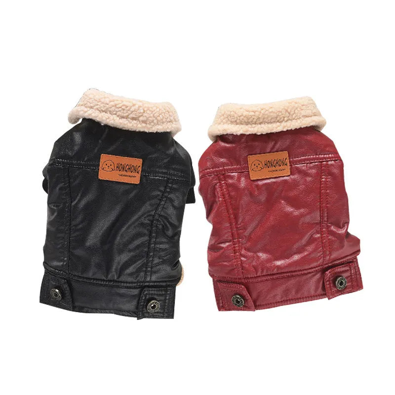 Black or red fleece-lined PU leather pet coat for cats and dogs in British style