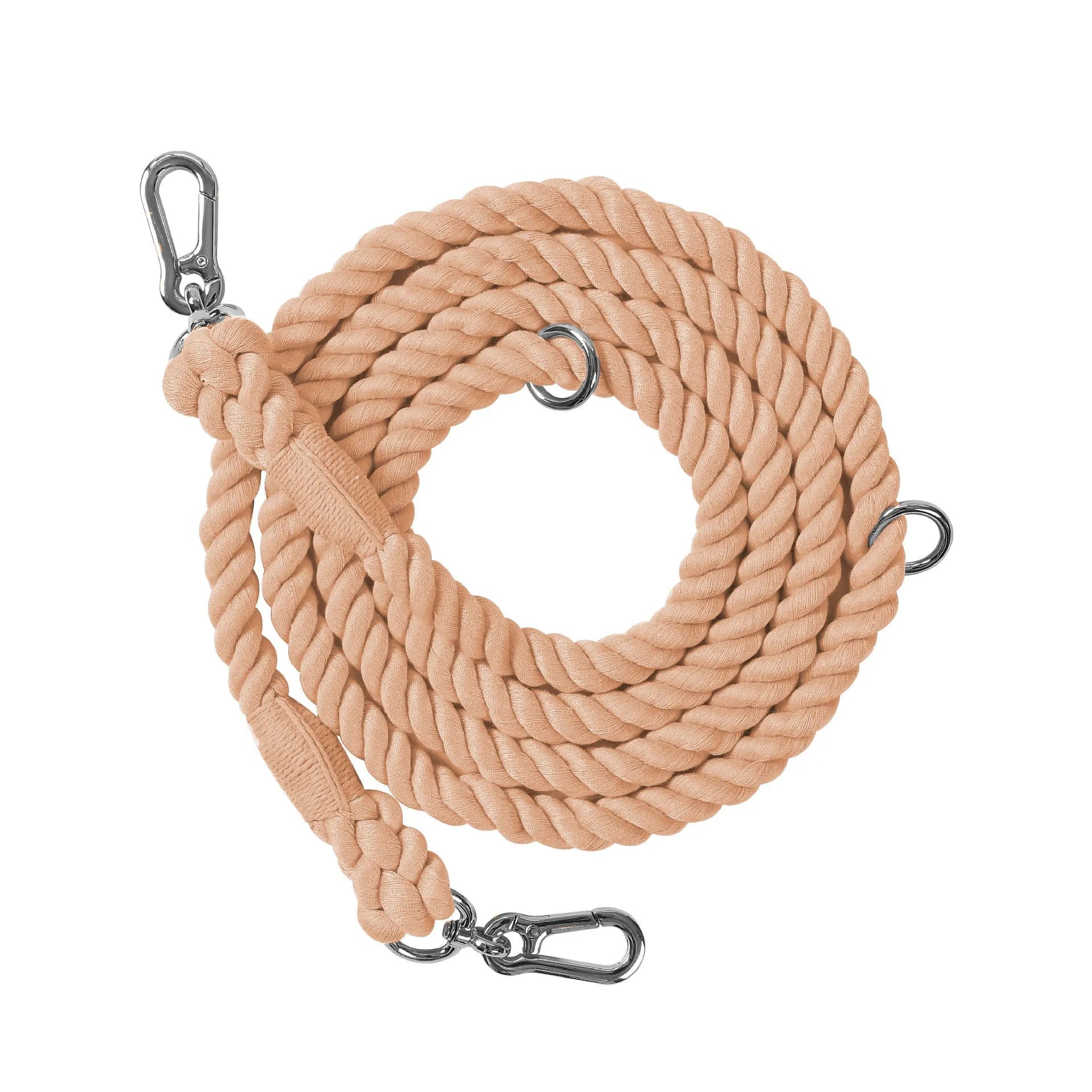 Woven rainbow coloured dog leash with clips at both ends, shown in a choice of colours with silver or gold fittings.