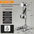 Vertical stainless steel manual citrus juicer on a kitchen counter showing different head type options.