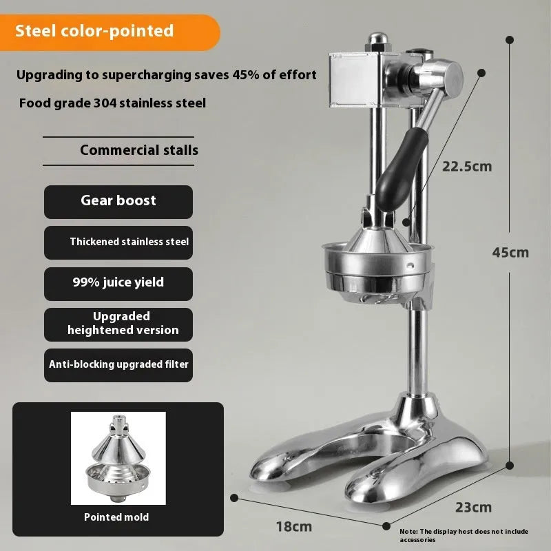 Vertical stainless steel manual citrus juicer on a kitchen counter showing different head type options.