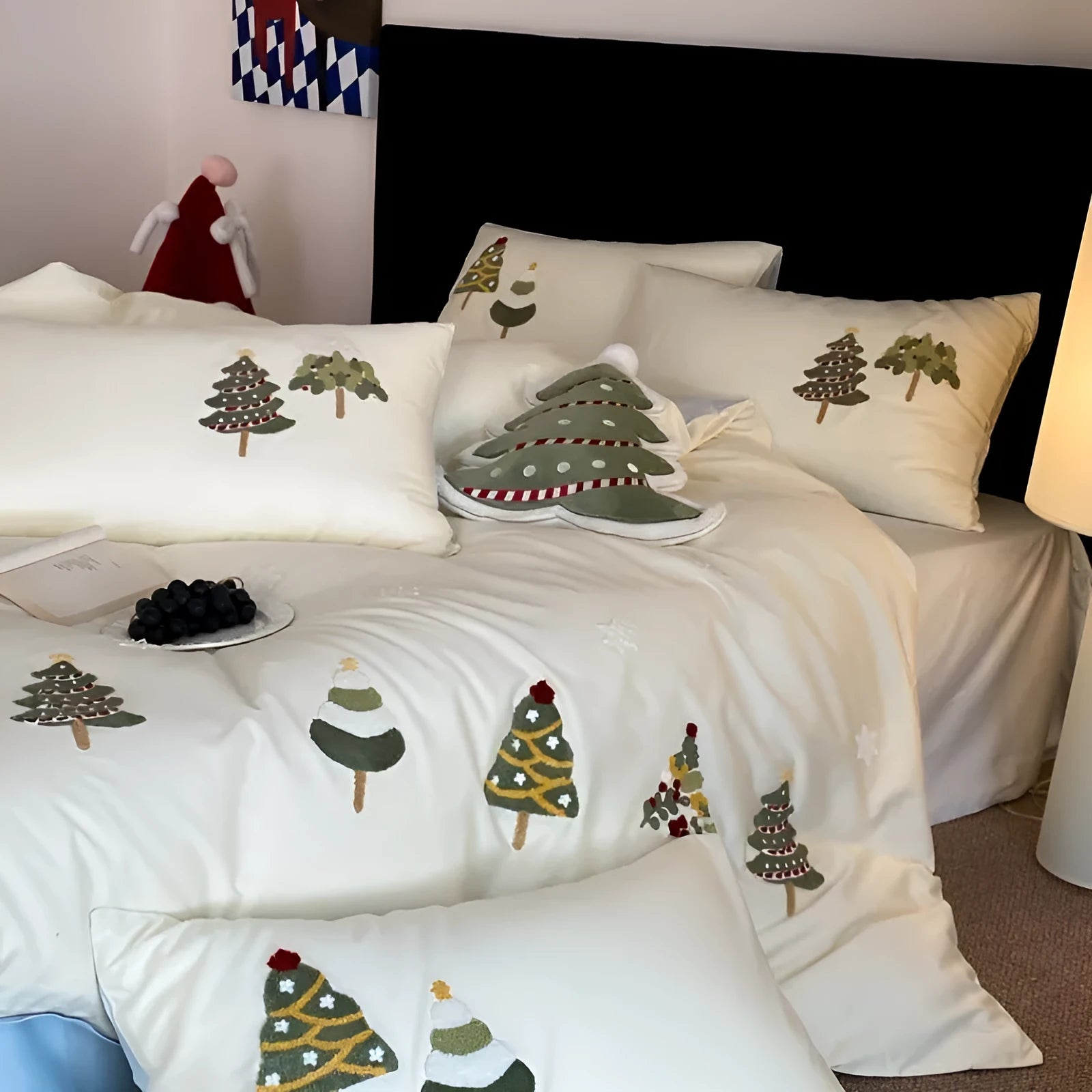 Cream Blue pure cotton duvet cover with raised towel embroidery of a Christmas tree and flowers, part of a four-piece bedding set.