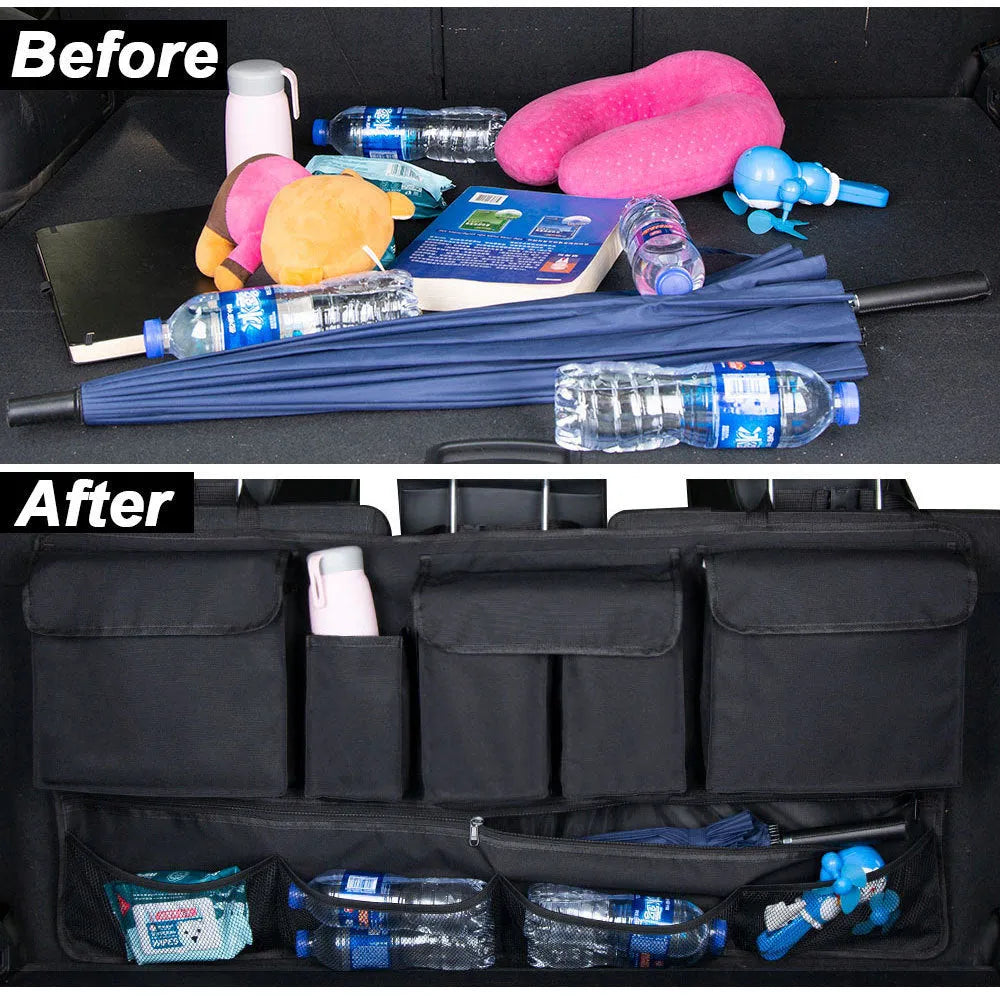 Black car boot hanging storage bag with red piping trim made from waterproof Oxford cloth with handle